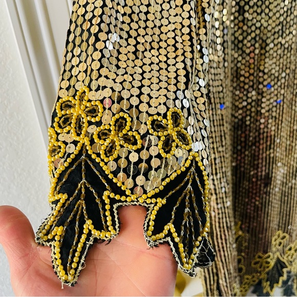 Gunit Vintage Gold Silver Sequin Beaded Embellished Flapper Shift Dress | Large - Picture 10 of 15